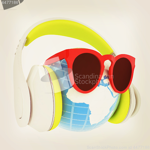 Image of Earth planet with earphones and sunglasses. 3d illustration. Vin