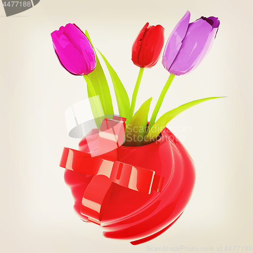 Image of Fresh spring tulips in a vase vith ribbon. 3d illustration. Vint