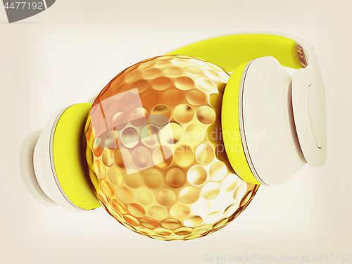 Image of Gold Golf Ball With headphones. 3d illustration. Vintage style