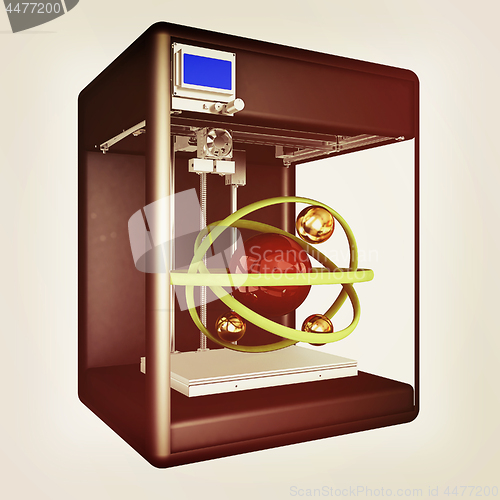 Image of 3d printer during work on the atom. Scientific high technology c