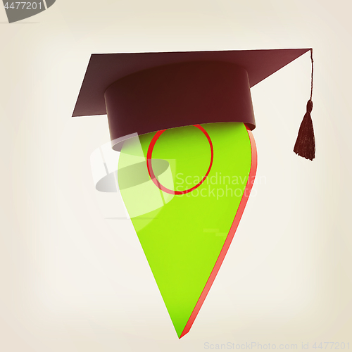 Image of Geo pin with graduation hat on white. School sign, geolocation a