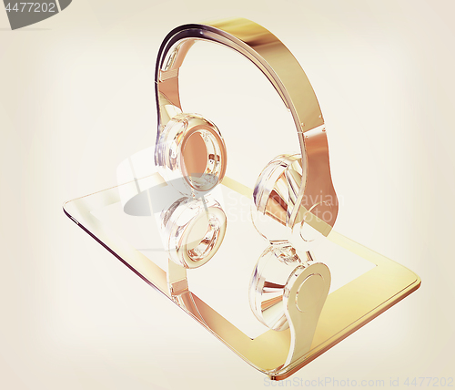 Image of Smartphone with headphones. Chrome icon. 3d illustration. Vintag