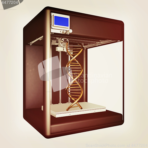 Image of 3d printer during work on the new DNA molecule. 3d illustration.