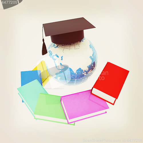 Image of Earth of education with books around and graduation hat. Global 