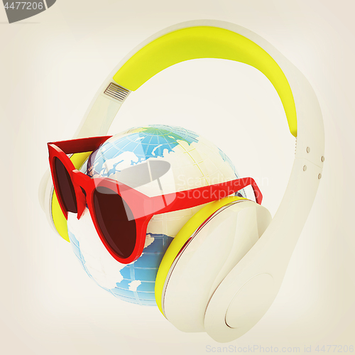 Image of Earth planet with earphones and sunglasses. 3d illustration. Vin