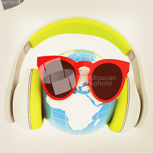 Image of Earth planet with earphones and sunglasses. 3d illustration. Vin