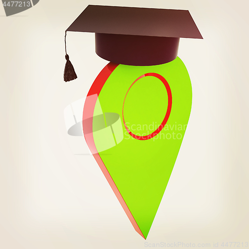 Image of Geo pin with graduation hat on white. School sign, geolocation a