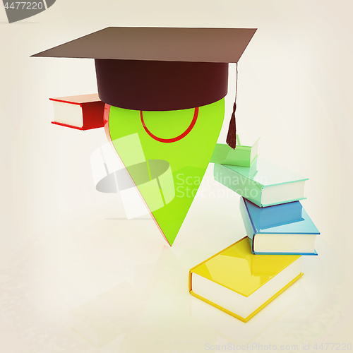 Image of Pointer of education in graduation hat with books around. 3d ill