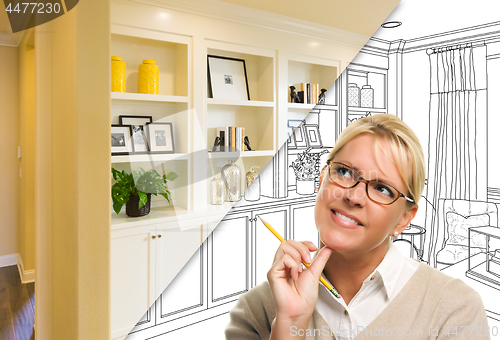 Image of Young Woman Over Custom Built-in Shelves and Cabinets Design Dra