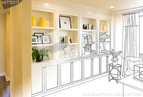 Image of Custom Built-in Shelves and Cabinets Design Drawing Gradating to