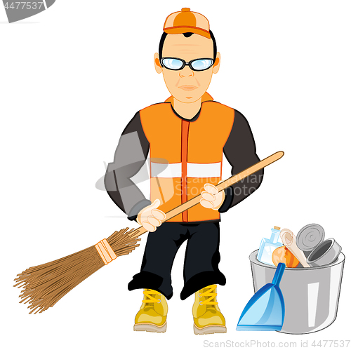 Image of Man caretaker with broom takes away rubbish