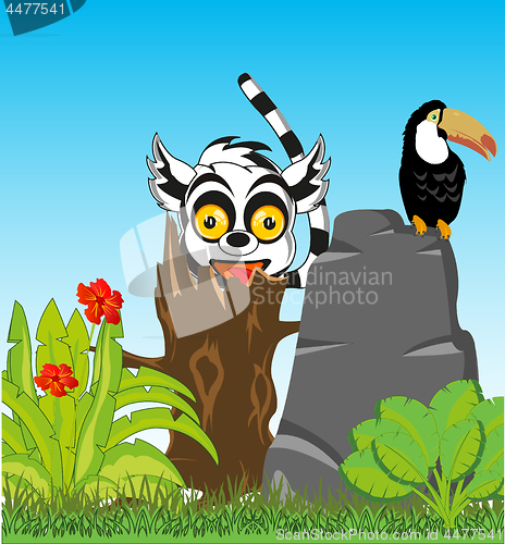 Image of Flowering jungle with animal and bird.Vector illustration