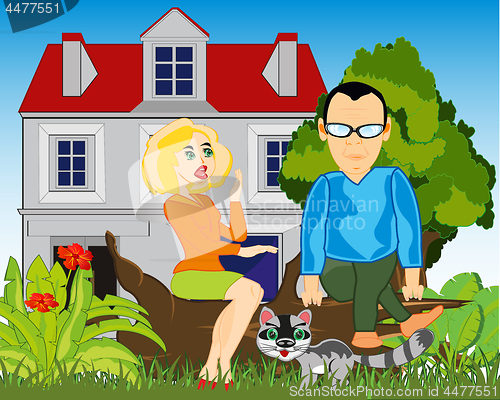 Image of Man and woman on nature in country house