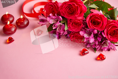 Image of Mixed flowers bouquet with roses, candles and heart shaped acryl