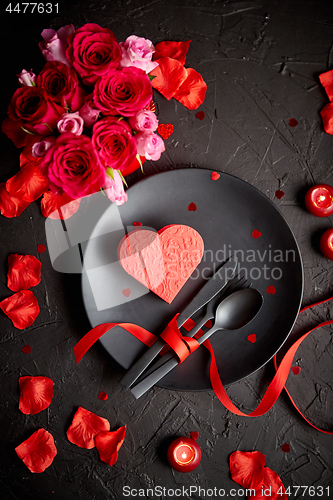 Image of Valentines day, table setting and romantic dinner concept.