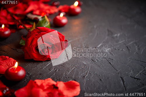 Image of Red rose, petals, candles, dating accessories, boxed gifts, hearts, sequins