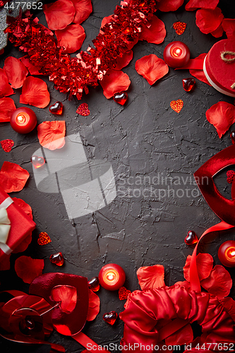 Image of Red roses petals, candles, dating accessories, boxed gifts, hearts, sequins