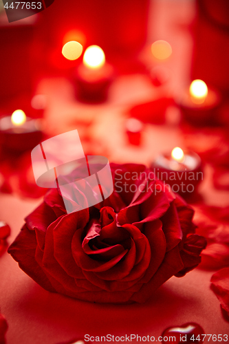 Image of Valentines day romantic decoration with roses, boxed gifts, candles