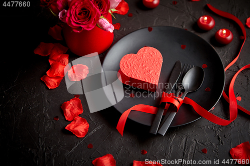 Image of Valentines day, table setting and romantic dinner concept.