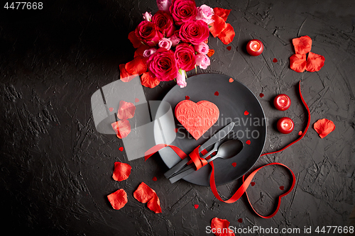 Image of Valentines day, table setting and romantic dinner concept.