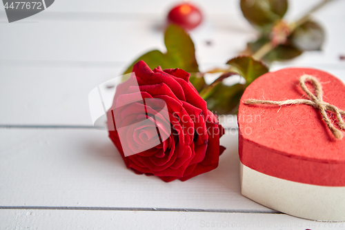 Image of Fresh red rose flower on the white wooden table