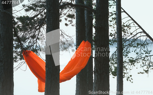 Image of Hammock Against A Foggy Landscape With A Lake