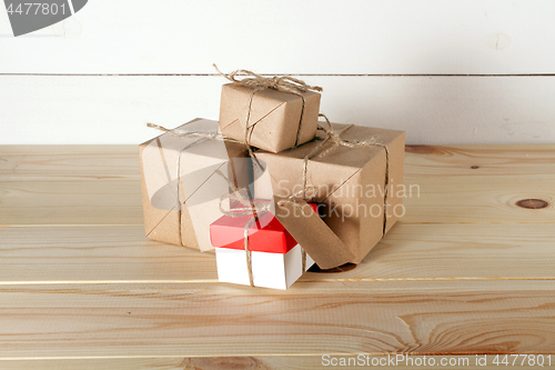 Image of Gift boxes on wooden table