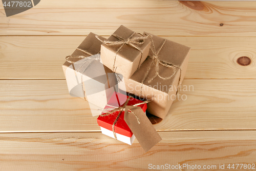 Image of Gift boxes on wooden table