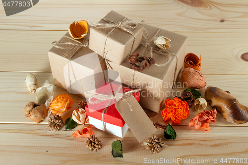 Image of Gift boxes on wooden table