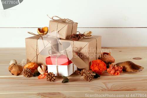 Image of Gift boxes on wooden table