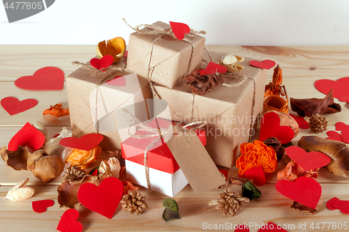 Image of Gift boxes on wooden table