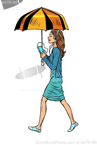 Image of woman with smartphone and umbrella