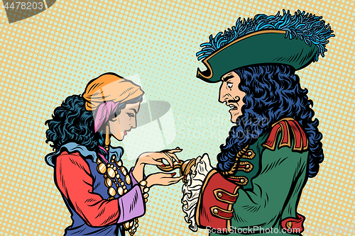 Image of fortune teller and pirate with a hook