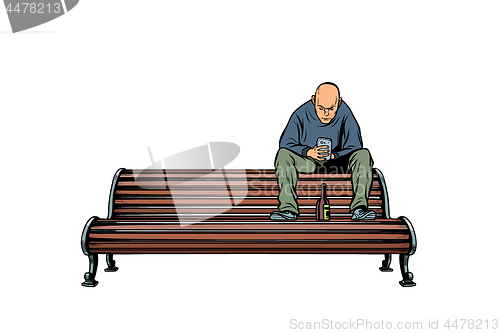 Image of skinhead bully sitting on a bench with a bottle