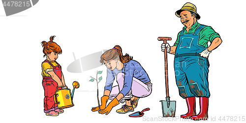 Image of Mother, daughter and grandfather work in the garden. Family plan