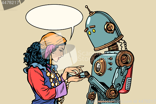 Image of Gypsy fortune teller and robot. Palmistry