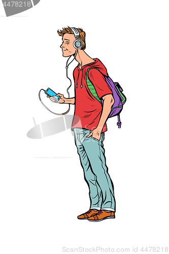 Image of young man teenager, headphones and smartphone