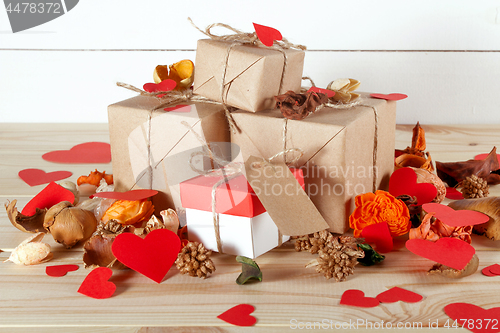 Image of Gift boxes on wooden table