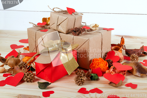 Image of Gift boxes on wooden table