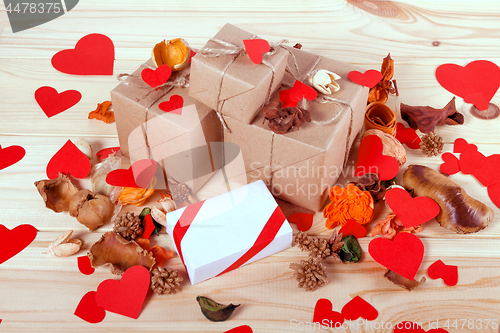 Image of Gift boxes on wooden table