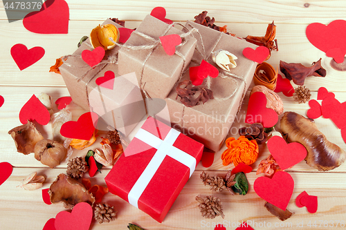Image of Gift boxes on wooden table