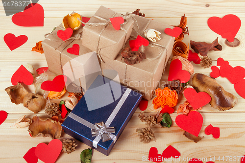 Image of Gift boxes on wooden table