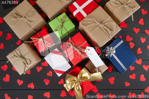 Image of Gift boxes on wooden table