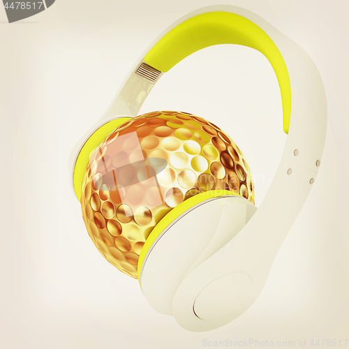 Image of Gold Golf Ball With headphones. 3d illustration. Vintage style