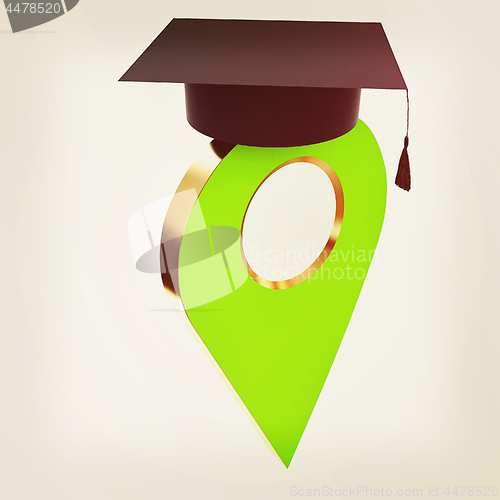 Image of Geo pin with graduation hat on white. School sign, geolocation a