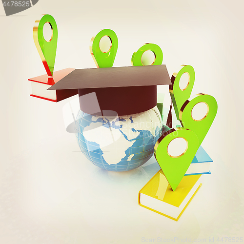 Image of Books around the Earth and pointer. Education and navigation con