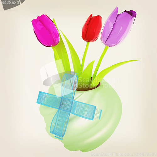 Image of Fresh spring tulips in a vase vith ribbon. 3d illustration. Vint