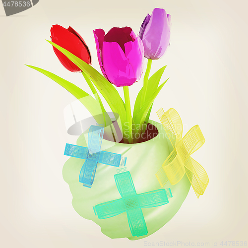 Image of Fresh spring tulips in a vase vith ribbon. 3d illustration. Vint