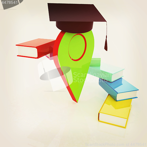 Image of Pointer of education in graduation hat with books around. 3d ill