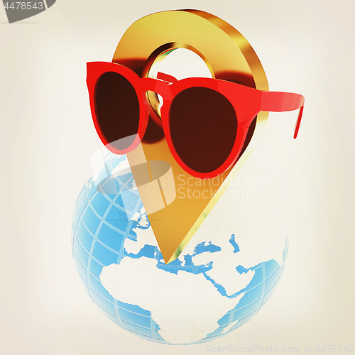 Image of Glamour map pointer in sunglasses on Earth. 3d illustration. Vin